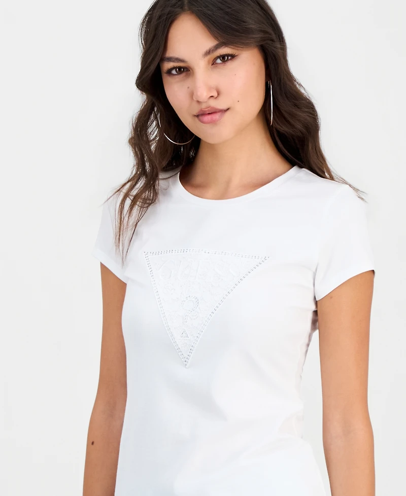Guess Women's Triangle Lace Logo Short-Sleeve T-Shirt