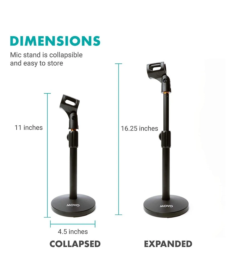 Movo Tmc-3 Adjustable Tabletop Mic Stand with Mic Clip
