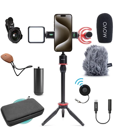 Movo iVlog1-ip Vlogging Kit for iPhone 15/16/17 and up (Usb-c) with Microphone, Mini Tripod, Led Light, Wide-Angle Lens
