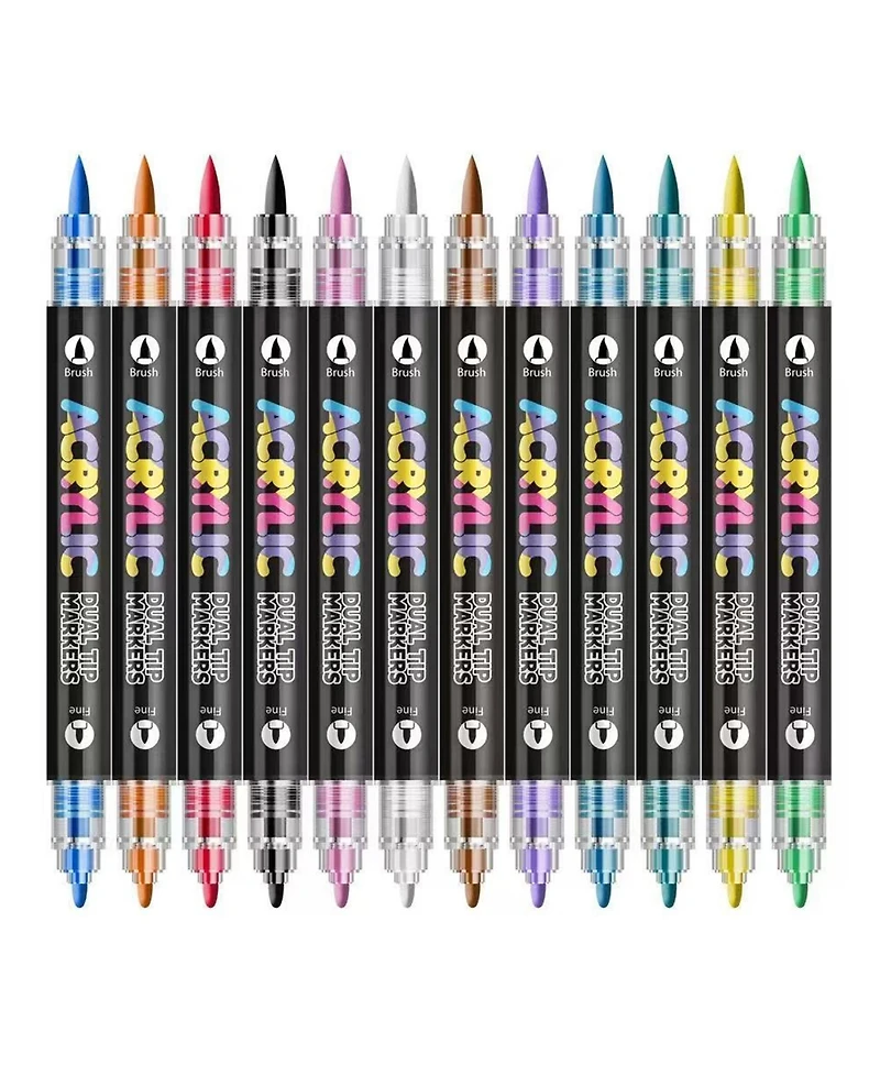 Htutwoo 12 Colors Soft and Hard Double-Headed Straight Liquid Acrylic Pen, Student Diy Graffiti Pen for Rock Painting, Wood, Ceramic and Diy Crafts