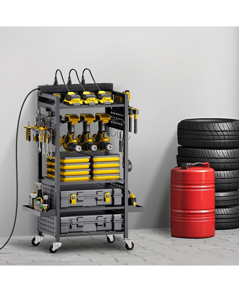 Mecale 5-Tier Tool Organizer Cart w/ Charging Station, 8 Ac Outlets, Rolling Drill Holder & Battery Storage
