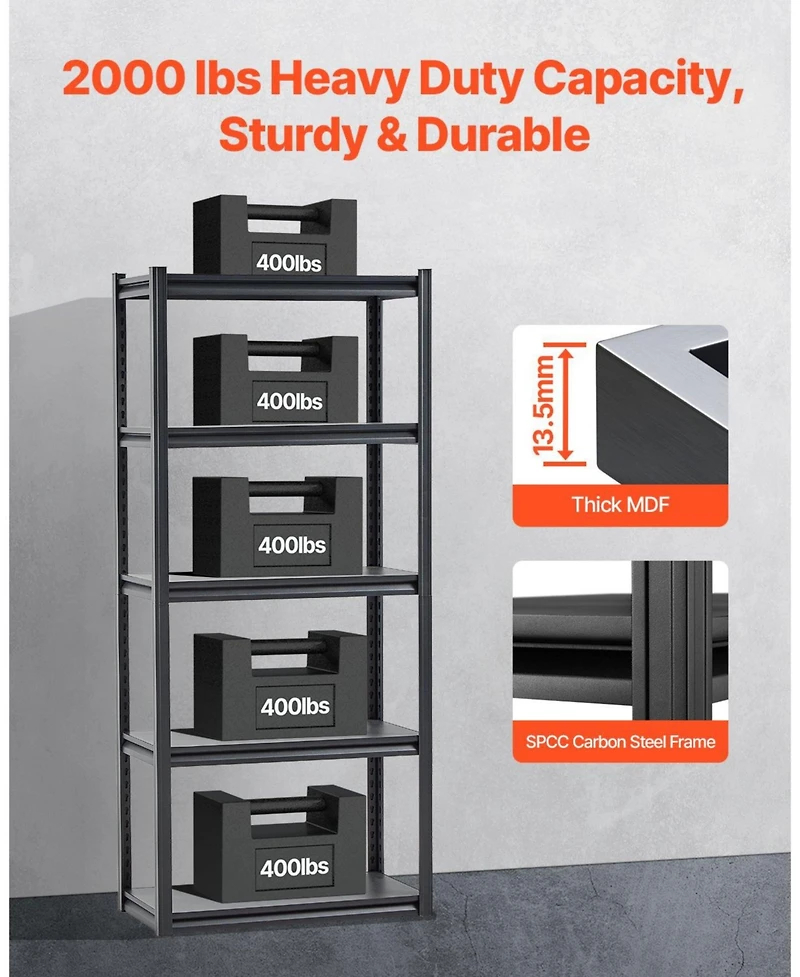 Mecale 5-Tier Storage Shelves, 2000-Lb Capacity, 16"D x 32"W x 72"H, Adjustable Metal Utility Rack, Black
