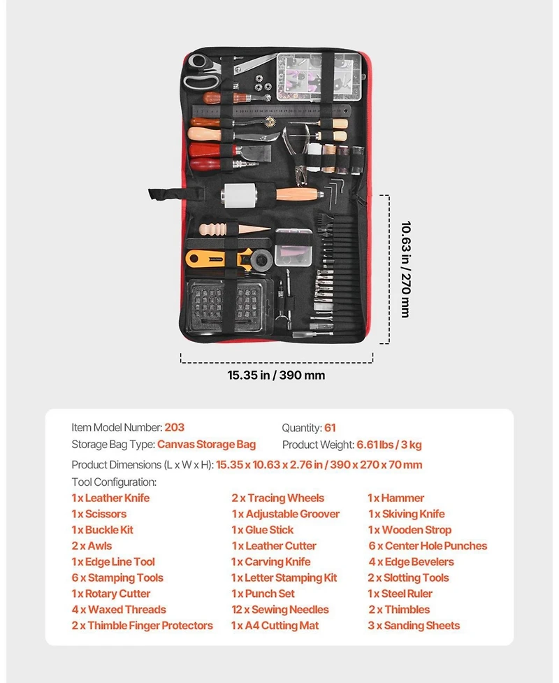Mecale Leather Working Tools Kit, 61-Piece Leather Craft Set w/ Canvas Storage Bag, Punching, Sewing, Stamping & Sanding