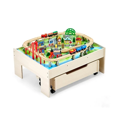 Slickblue Kids Train Table with 100-Piece Wooden Set and Storage Drawer