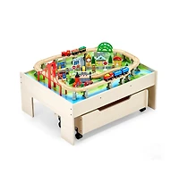 Slickblue Kids Train Table with 100-Piece Wooden Set and Storage Drawer