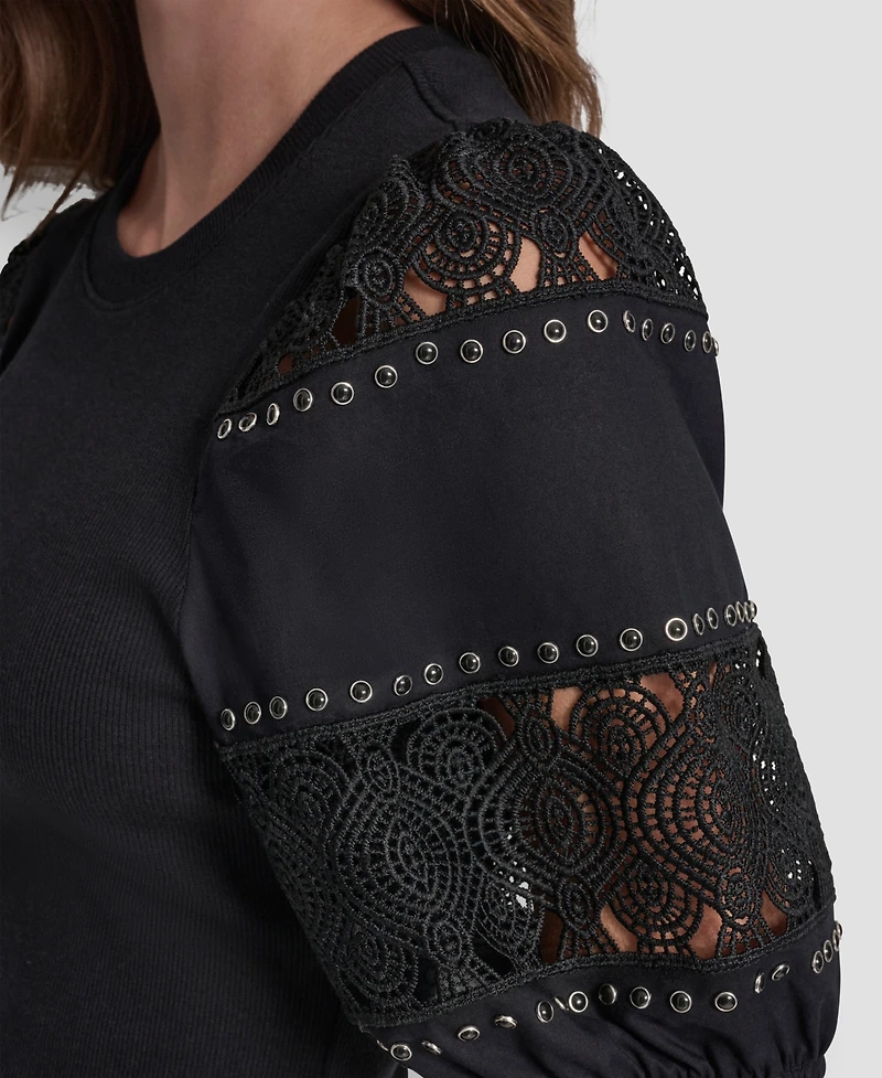 Dkny Jeans Petite Crewneck Lace Eyelet Top