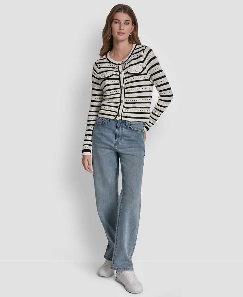 Dkny Jeans Petite Long-Sleeve Crewneck Pointelle Cardigan