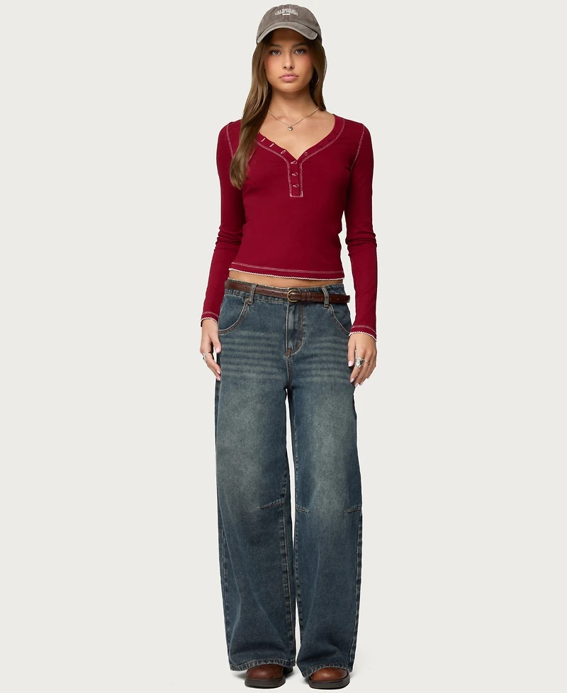 Edikted Womens Yael Contrast Stitch Henley Top