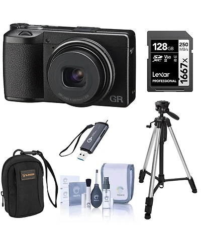 Ricoh Gr IIIx Compact Digital Camera, Bundle with 128GB Memory Card with Reader, Camera Bag, Tripod, Includes Cleaning Accessories