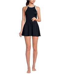 Lands' End Women's Long Tugless High Neck Swim Dress Swimsuit