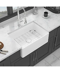 flynama 28x20x10inch White Ceramic Porcelain Single Bowl Rectangular Farmhouse Kitchen Sink with Stainless Steel Accessories