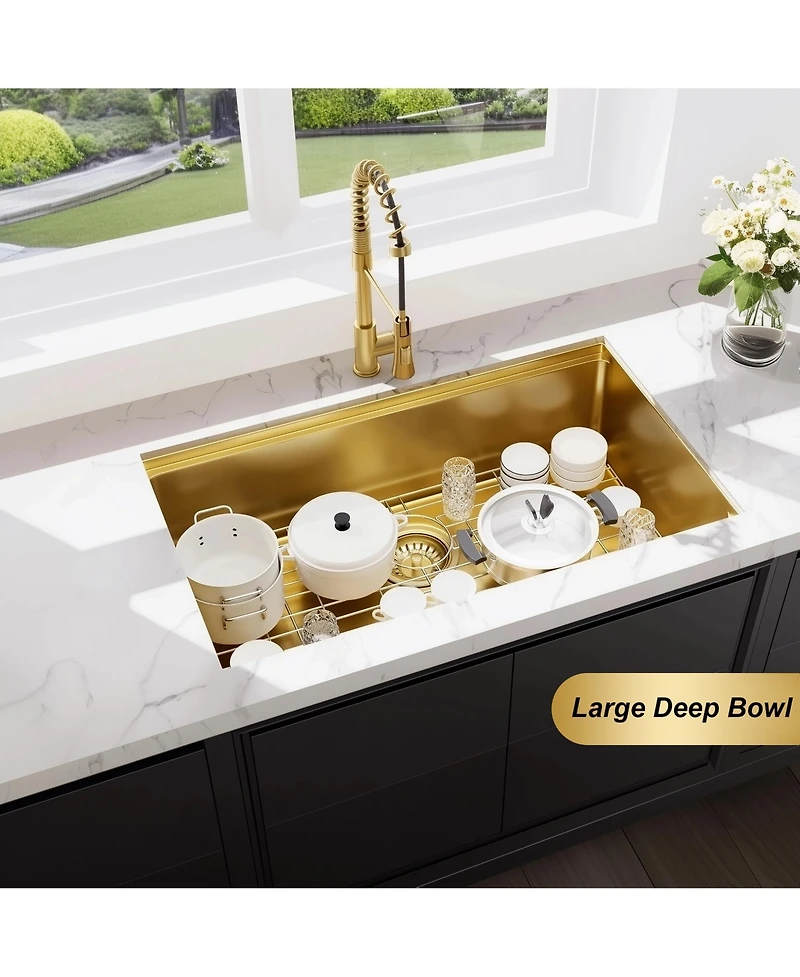 flynama 32x19inch Gold Undermount Workstation Kitchen Sink Stainless Steel 16 Gauge Deep Bowl