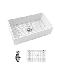 flynama 33x18x10inch White Porcelain Ceramic Undermount Single Bowl Apron Front Farmhouse Kitchen Sink with Stainless Steel Accessories