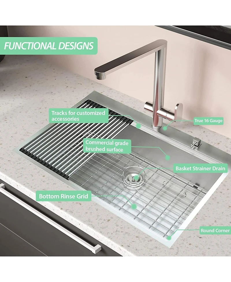 flynama 33x22x10 Inch Drop In Workstation Kitchen Sink 16 Gauge SUS304 Stainless Steel Single Bowl R10 Radius With 5 Accessories
