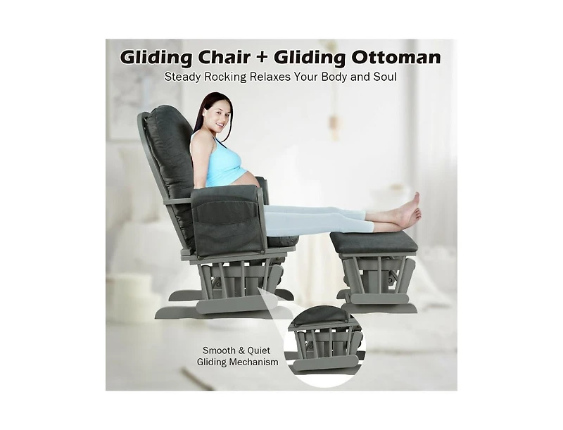 Wood Glider Chair and Ottoman Set with Padded Armrests Detachable Cushion