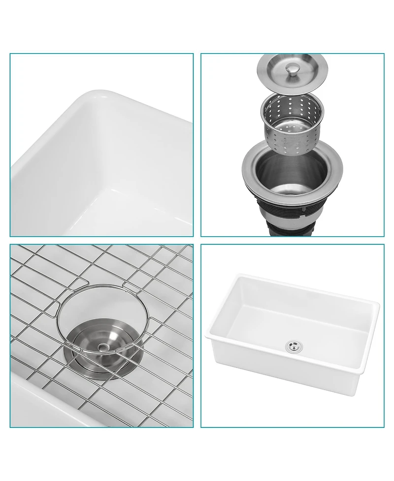 flynama huluwat 32x19x10inch White Fireclay Kitchen Sink Undermount Single Bowl Dual Mount Deep Basin
