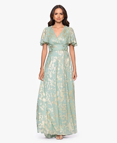 Betsy & Adam Women's Foil Print V-Neck Gown