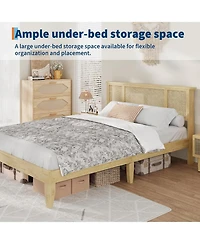 gaomon Full Bohemian Rattan Headboard Bed with Strong Wood Slats, Metal Platform Base, Cane Accent Style, Durable Support, No Box Spring Needed