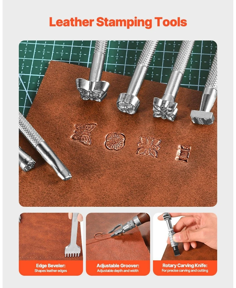 Ecooso Leather Working Tools Kit, 59-Piece Leather Craft Set w/ Canvas Storage Bag, Punching, Sewing, Stamping & Sanding