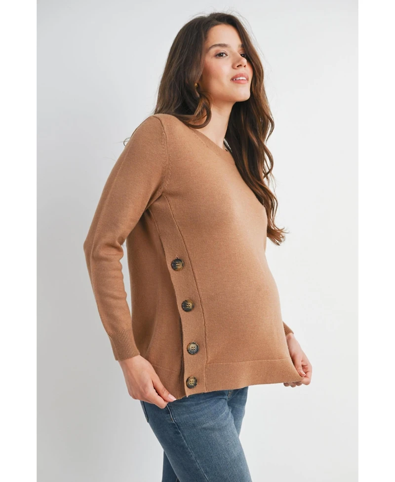 Hello Miz Maternity Crew Neck Side Button Knit Nursing Friendly Sweater