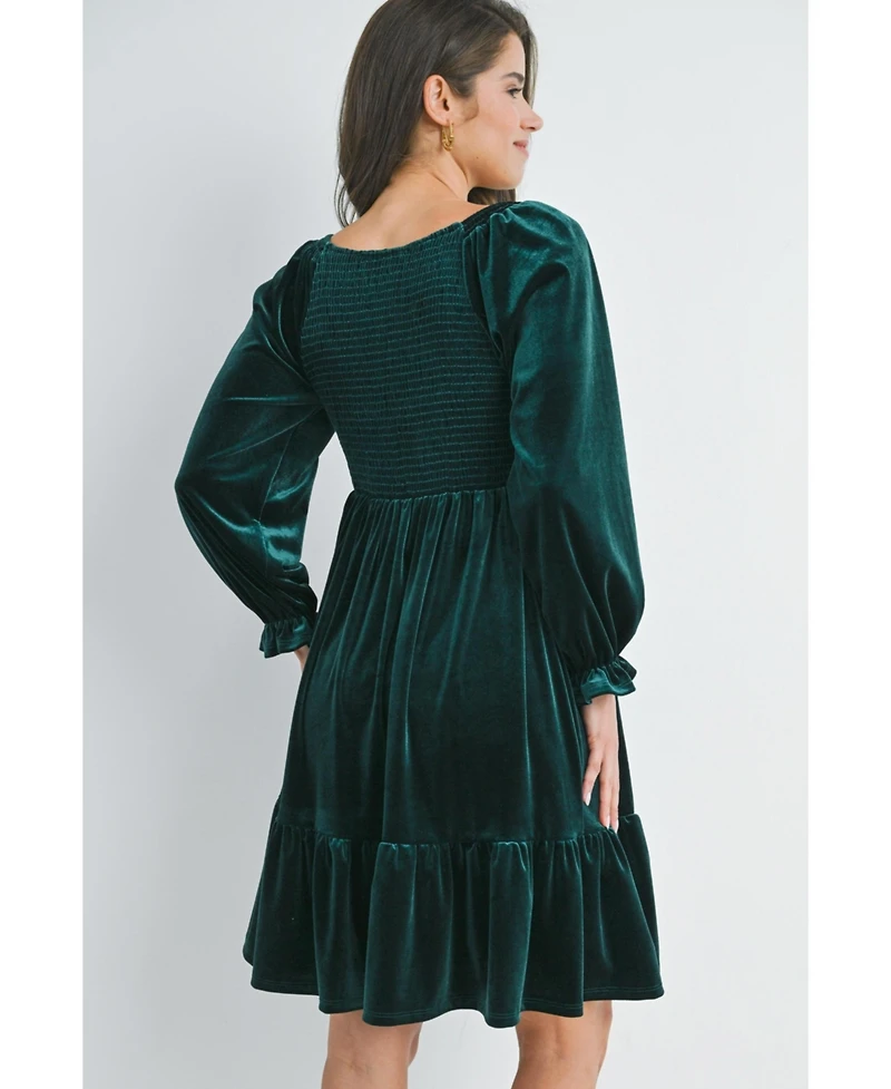 Hello Miz Maternity Smocked V Neck Long Sleeve Velvet Dress