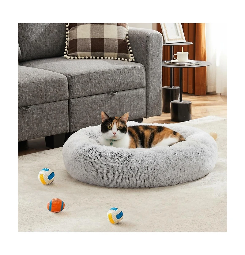 Zeus & Ruta 30 Inch Anti Slip Round Fluffy Faux Fur Cat Bed