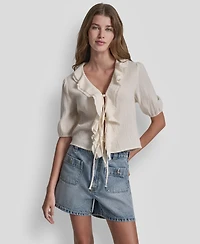 Dkny Jeans Women's V-Neck Short Puff Sleeve Tie-Front Shirt