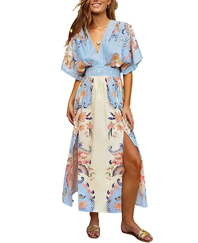 Cupshe Women's Plunging V-Neck Short-Sleeve Woven Maxi Dress