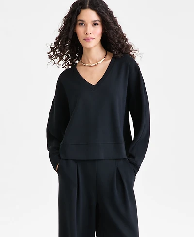 I.n.c. International Concepts Women's Off-Duty Long Sleeve V-Neck Sweatshirt, Macy's Exclusive