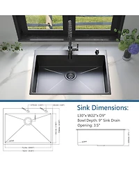 flynama 30x22x9inch Gunmetal Black Kitchen Sink Drop In Topmount Stainless Steel Single Bowl