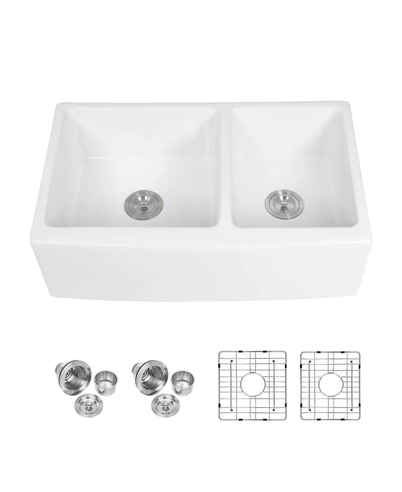 flynama White Ceramic Porcelain 6040 Double Bowl Farmhouse Kitchen Sink with Stainless Steel Accessories