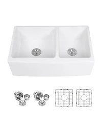 flynama White Ceramic Porcelain 6040 Double Bowl Farmhouse Kitchen Sink with Stainless Steel Accessories