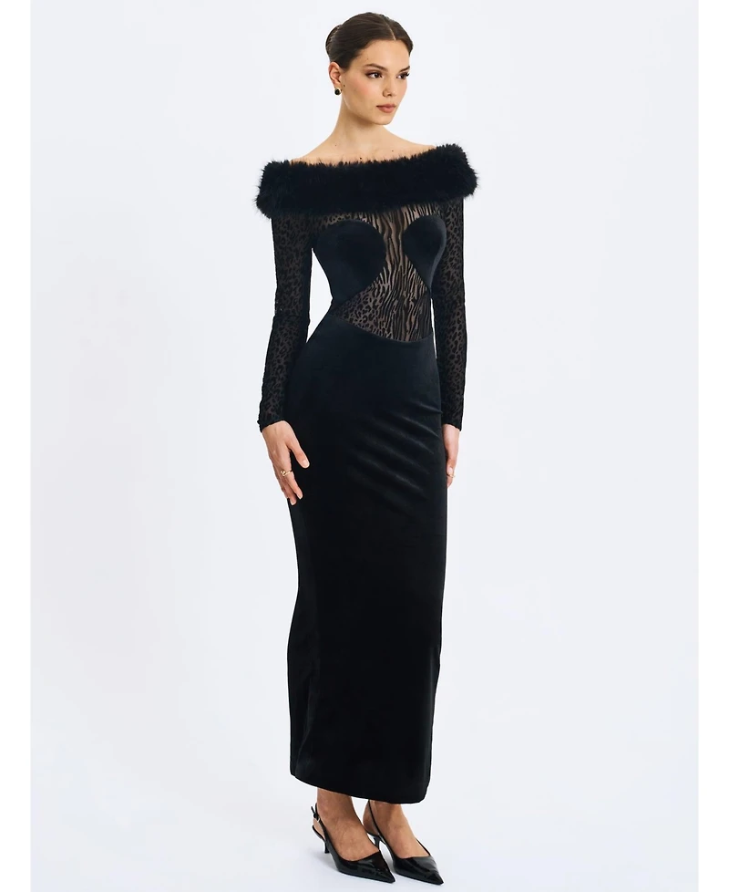 Miss Circle Women's Alexis Black Animal Print Fur Boatneck Maxi Dress