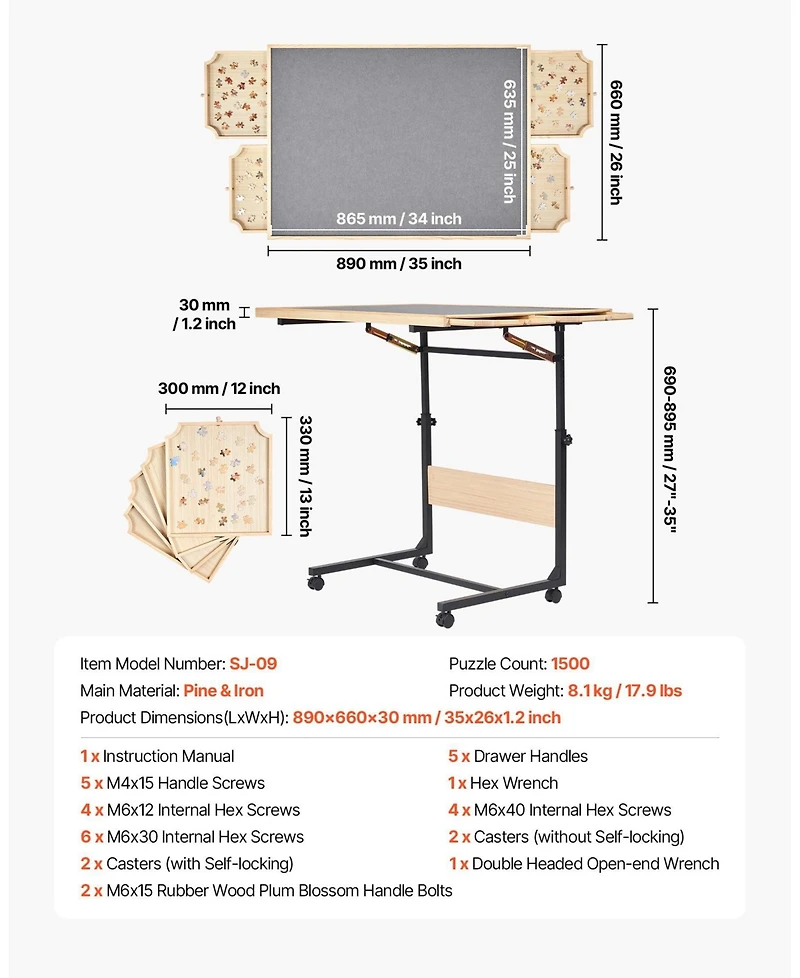Sugift 1500-Piece Puzzle Table with Legs 34"x25" Adjustable Height with Drawers