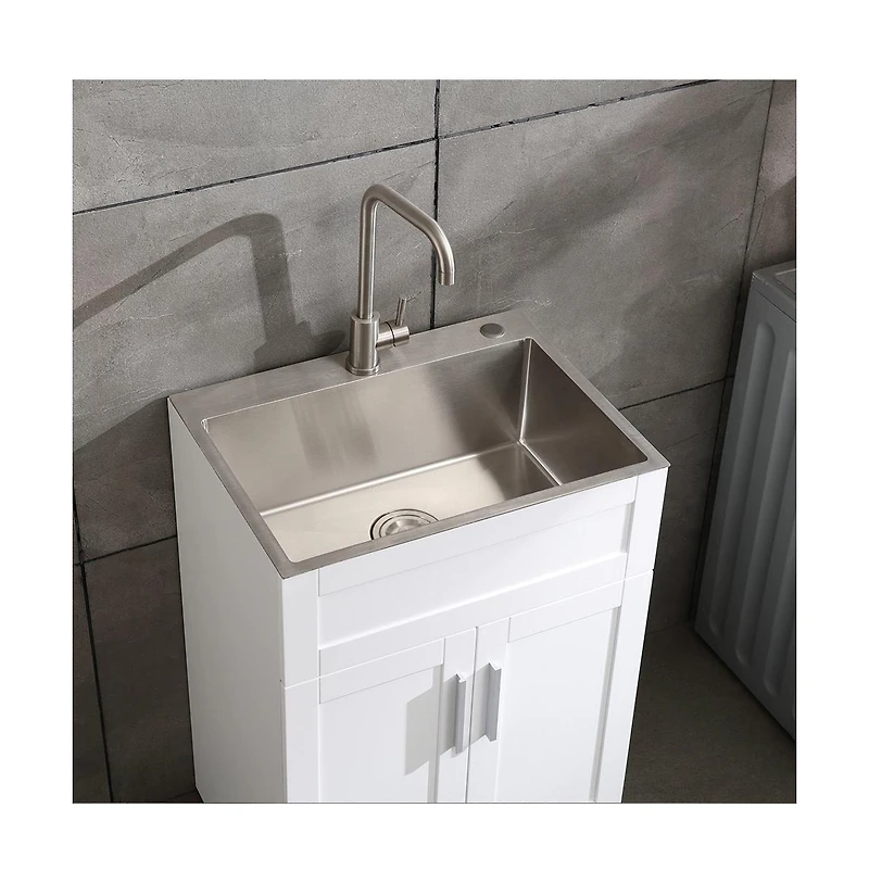 flynama 24inch Silver Brushed Stainless Steel Washing Sink with Faucet Hoses Drain Head Only 12 Gauge Noise Reducing Pads