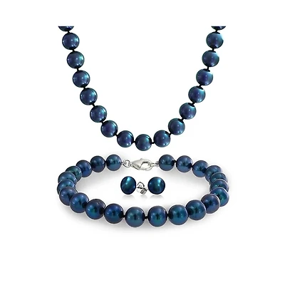Bling Jewelry Peacock Blue Black Freshwater Cultured Pearl Jewelry Set Necklace Bracelet Earrings
