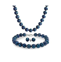 Bling Jewelry Peacock Blue Black Freshwater Cultured Pearl Jewelry Set Necklace Bracelet Earrings