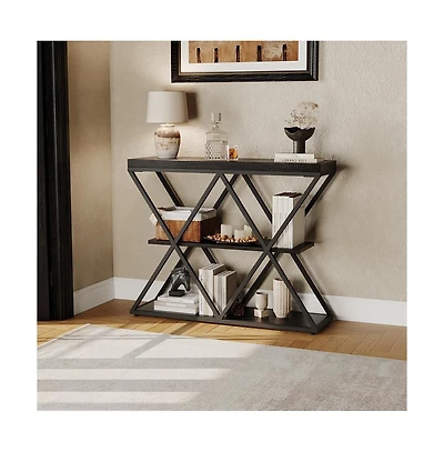 gaomon Industrial 3-Tier Entryway Table with X-Shaped Metal- Warm Rustic Vintage Wood Tone, Double X Metal Frames 2 Shelves, Versatile for Living