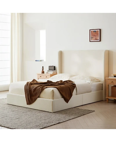 Boyel Living Carmen Upholstered Wingback Bed Frame with 52.3" Headboard, King, Ivory Boucle