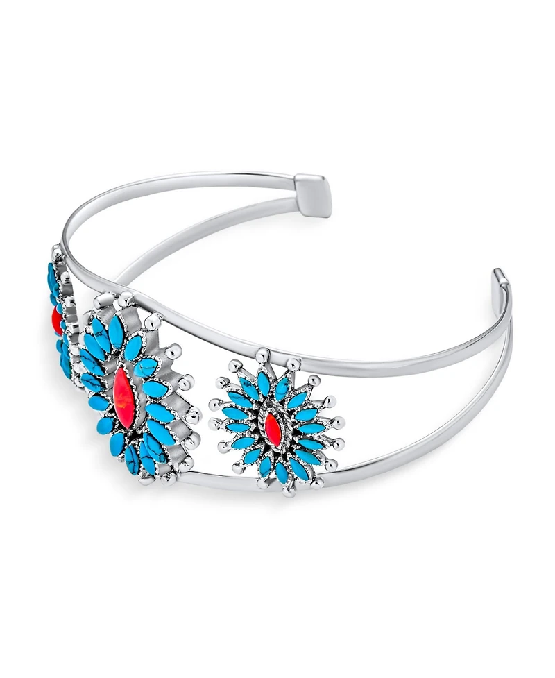 Bling Jewelry Western Navajo Style Red Blue Turquoise Conoch Flower Blossom Wide Cuff Bracelet .925 Sterling Silver