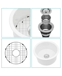 huluwat Porcelain Fireclay Circular Kitchen Sink Dual Mount Single Bowl with Grid