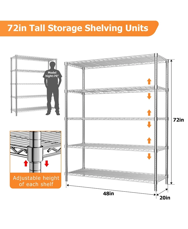 5-Tier 48 in W x 72 in H x 20 in D Height Adjustable Garage Wire Shelving Unit