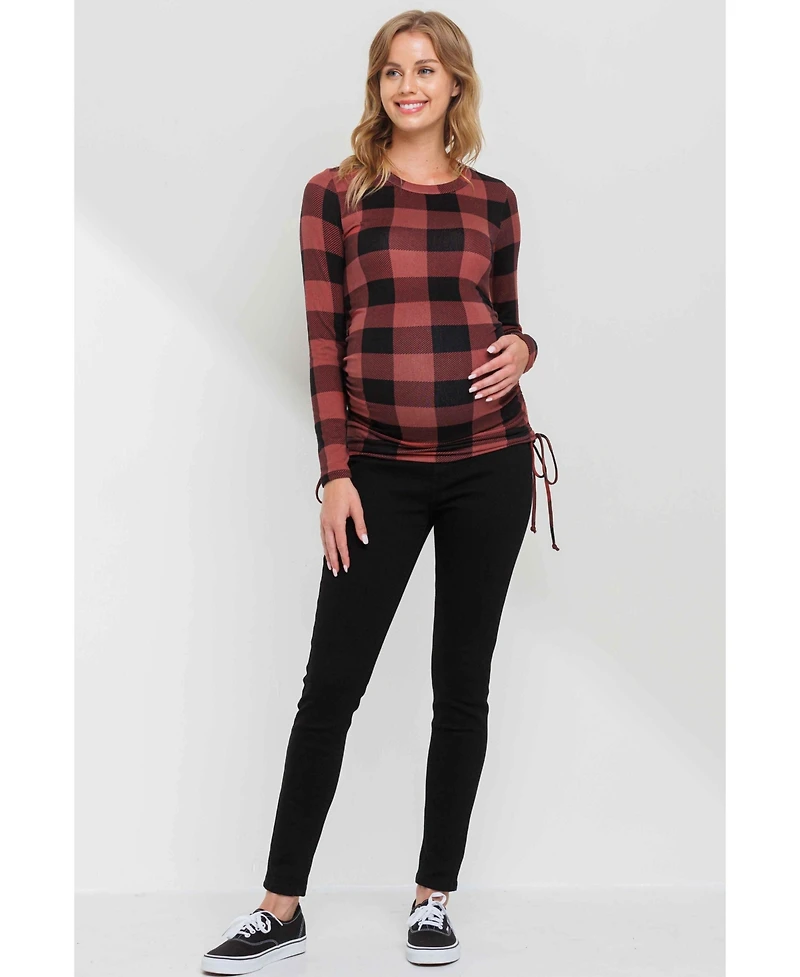 Hello Miz Maternity Plaid Side Ruched Long Sleeve Top