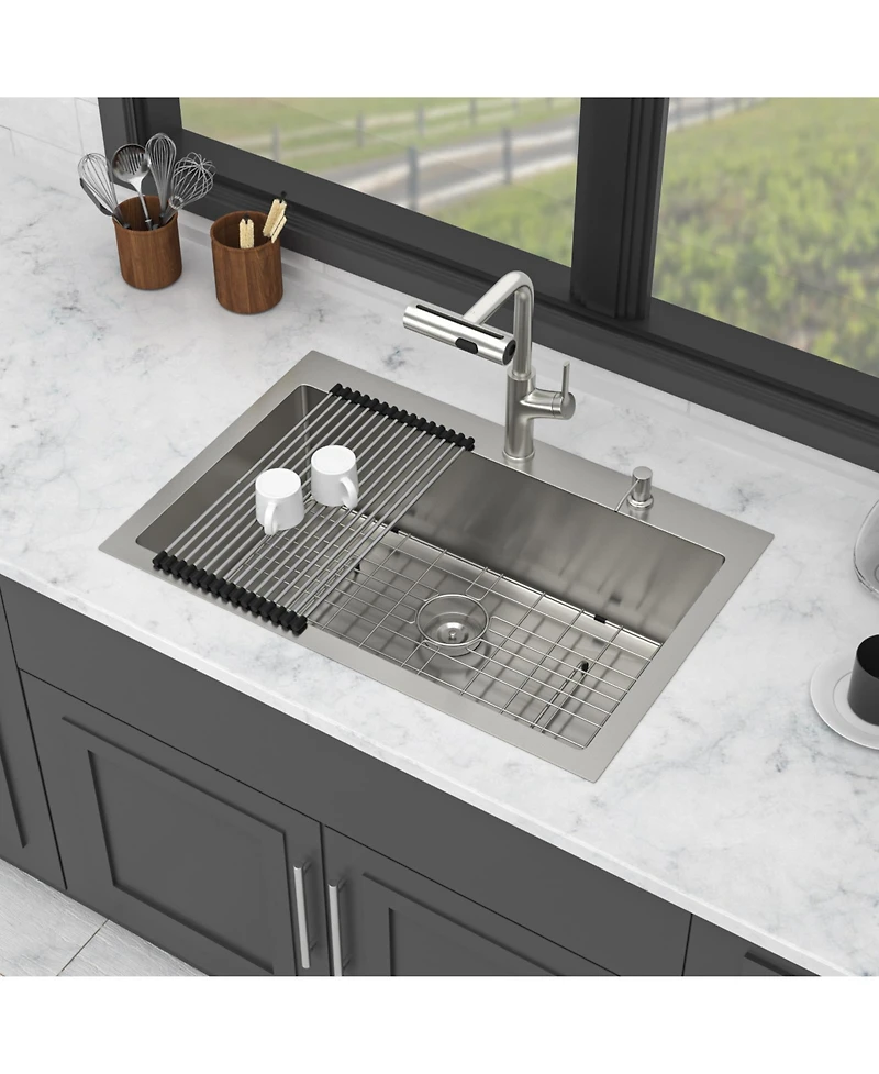 flynama 30x22x10 Inch Drop In Kitchen Sink Single Bowl 16 Gauge T304 Stainless Steel Topmount With Pull Out Faucet And Soap Dispenser