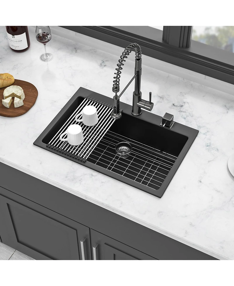 flynama Black Granite Composite Drop In Kitchen Sink with Complete Accessories