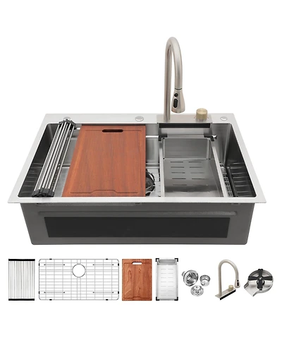 flynama 33x22x10inch 16 Gauge T304 Stainless Steel Drop In Waterfall Workstation Kitchen Sink with Pull Down Faucet and Cup Washer