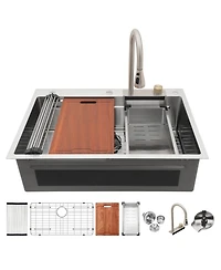 flynama 33x22x10inch 16 Gauge T304 Stainless Steel Drop In Waterfall Workstation Kitchen Sink with Pull Down Faucet and Cup Washer