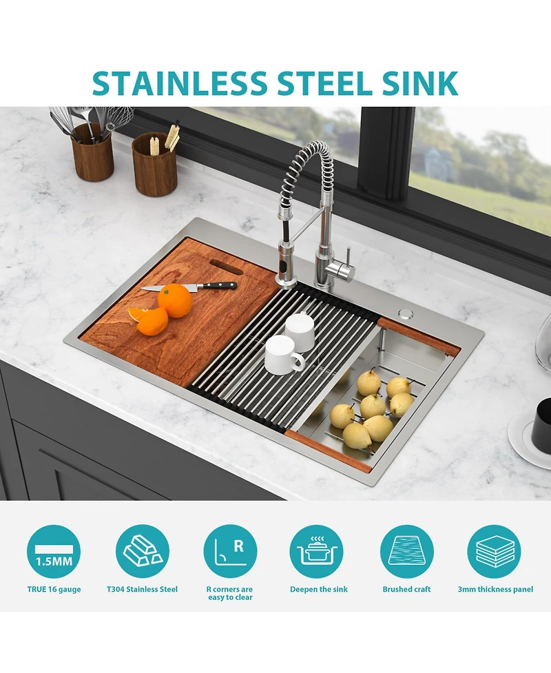 flynama 33x22x10inch Topmount Double Bowl Kitchen Sink 16 Gauge Stainless Steel Brushed Nickel