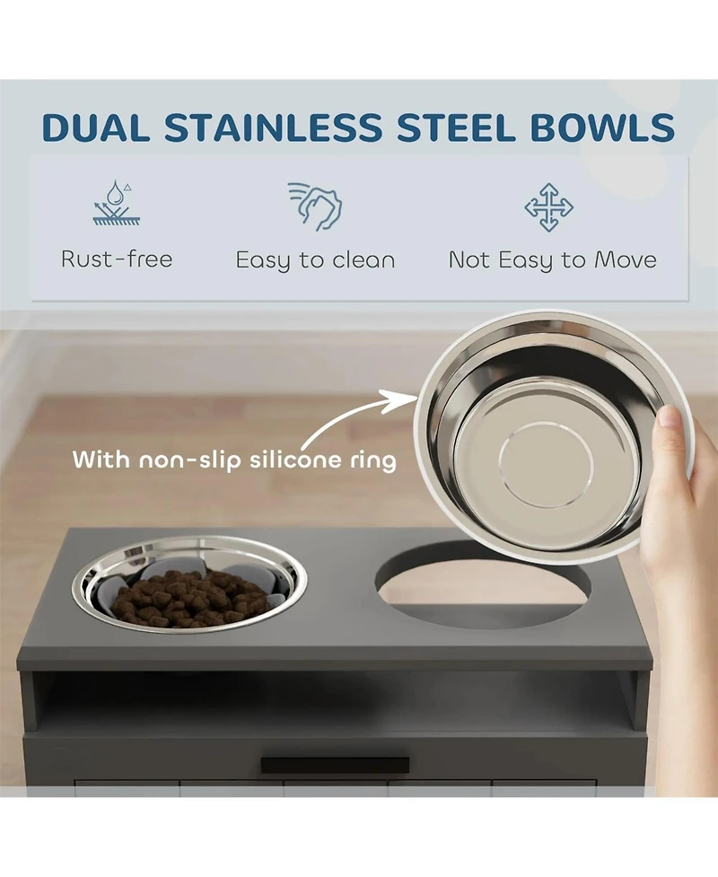 Aostirmotor 21.6 in. Wide Dog Bowls with 2 Stainless Steel Bowls in Grey