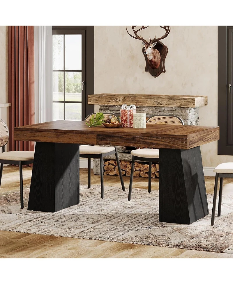 Tribesigns Dining Room Table for 4-6, 55-Inch Mid-Century Modern Dining Table with Double Pedstral, Rectangular Wood Kitchen Dinner Table